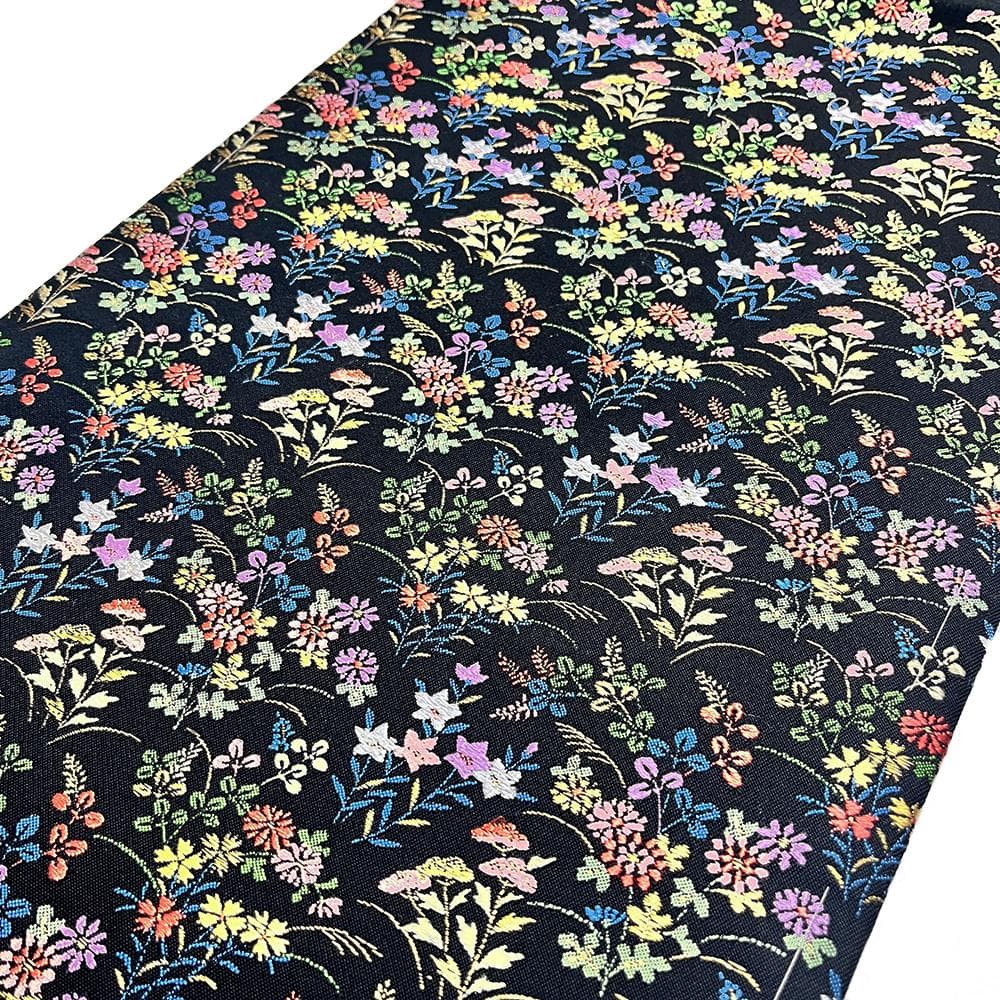 名古屋帯 新古品 華陽 正絹 黒 唐織 花 西陣織 九寸 No.ymo0108