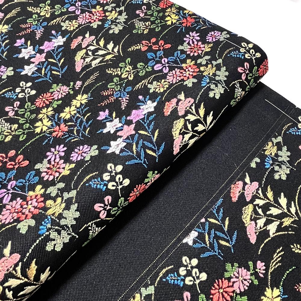 名古屋帯 新古品 華陽 正絹 黒 唐織 花 西陣織 九寸 No.ymo0108