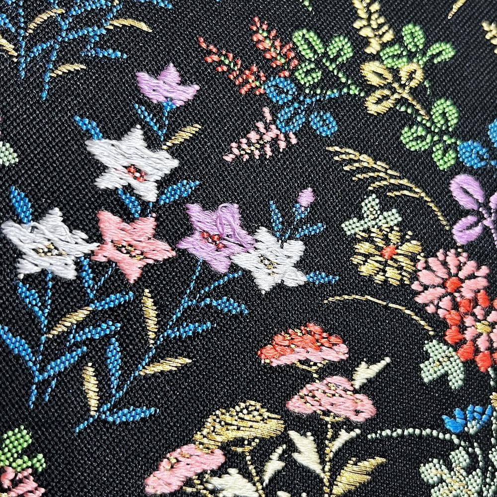 名古屋帯 新古品 華陽 正絹 黒 唐織 花 西陣織 九寸 No.ymo0108