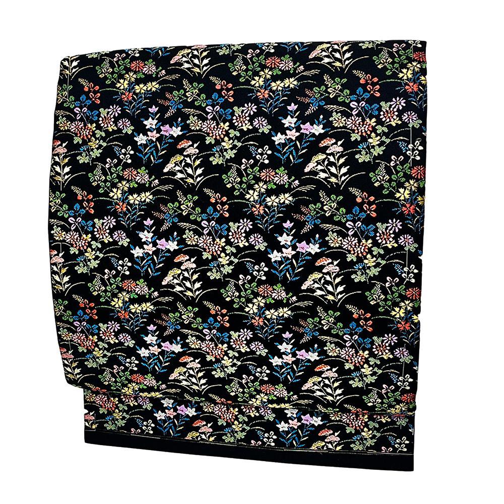 名古屋帯 新古品 華陽 正絹 黒 唐織 花 西陣織 九寸 No.ymo0108