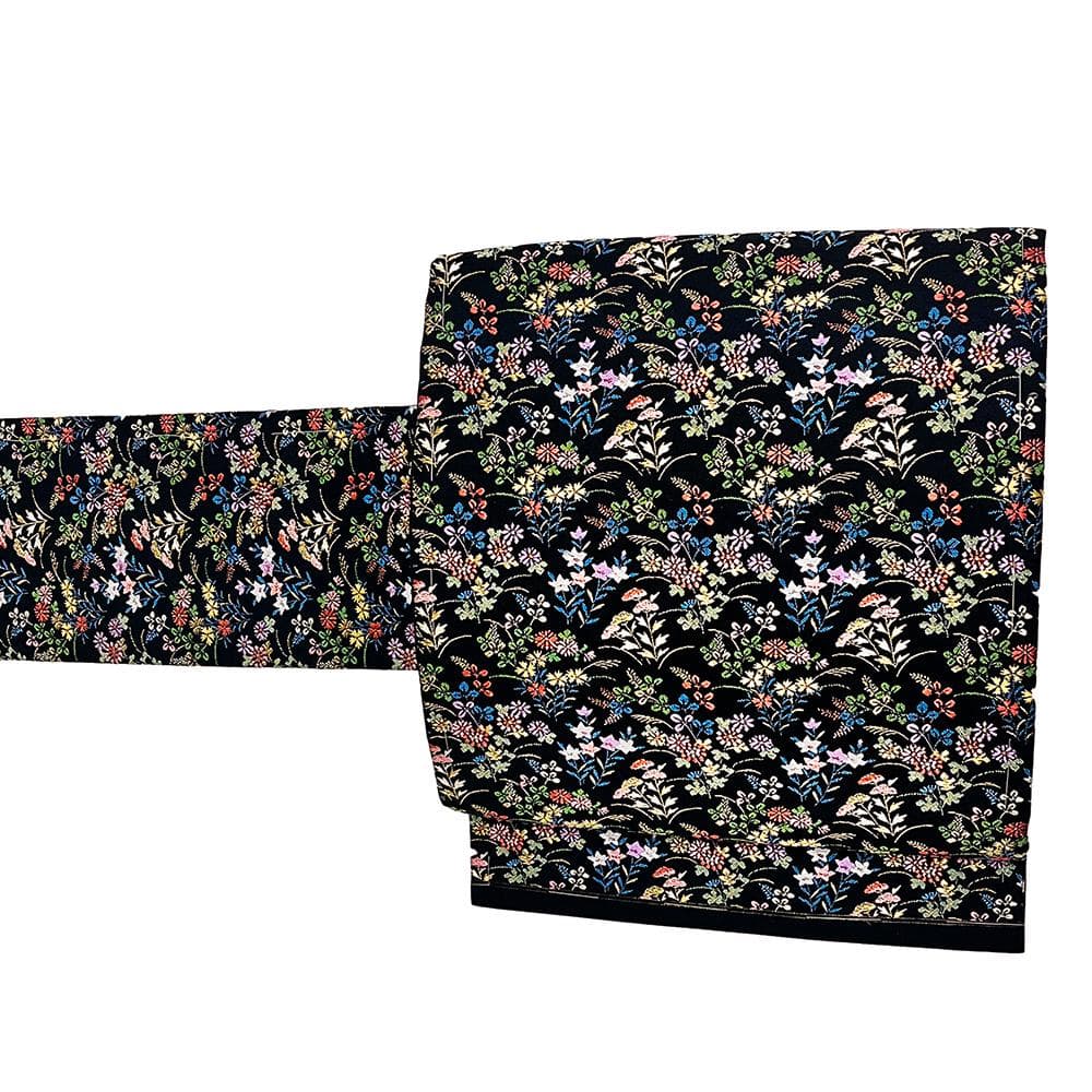 名古屋帯 新古品 華陽 正絹 黒 唐織 花 西陣織 九寸 No.ymo0108