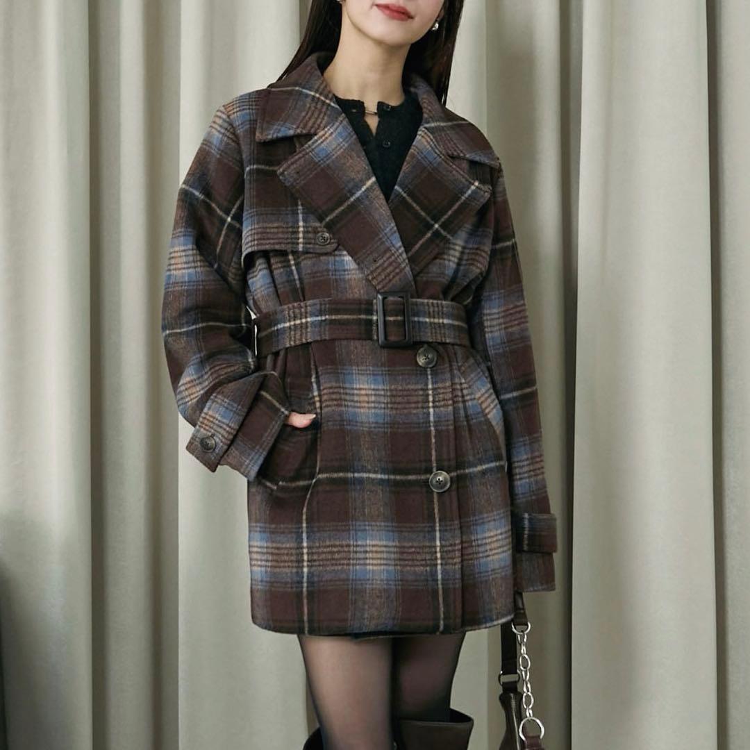 Elishe エリシェ 2WAYチェックミドルコート ブラウン