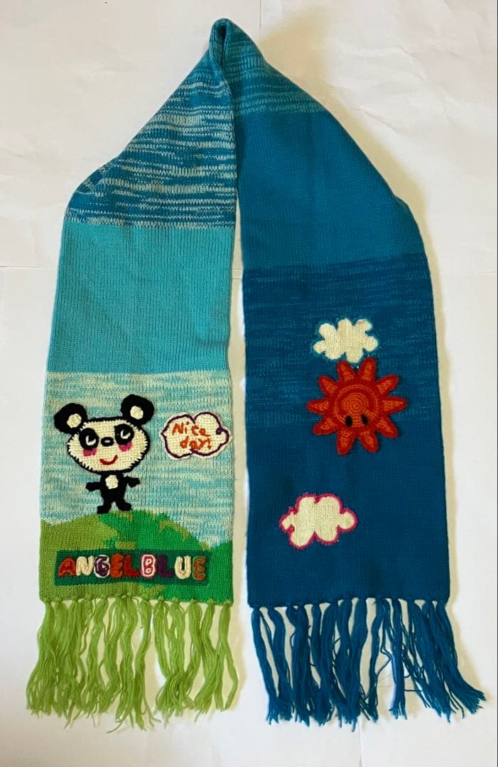エンジェルブルー　マフラー　手袋　ニット　パンダ　編み込み　ブルー　平成レトロ