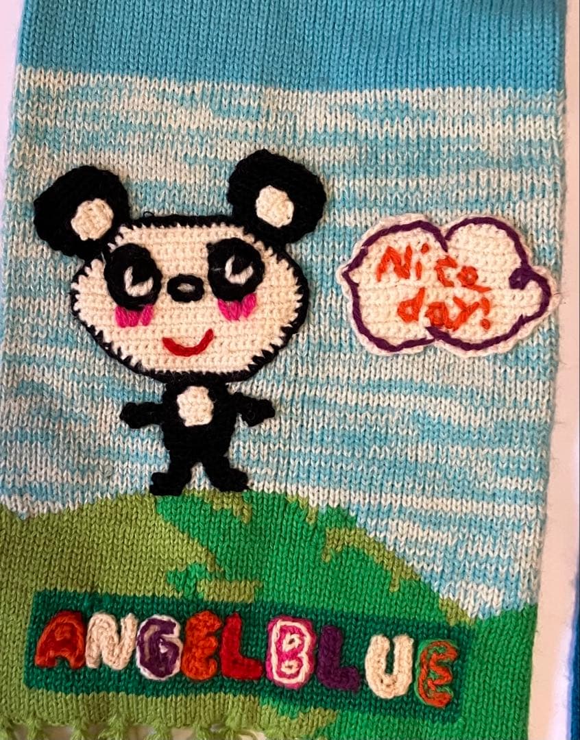 エンジェルブルー　マフラー　手袋　ニット　パンダ　編み込み　ブルー　平成レトロ