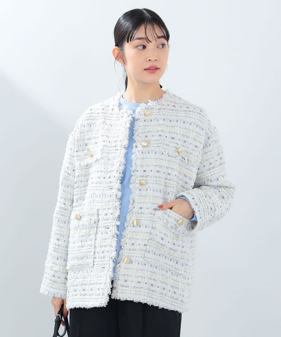 【BEAMS HEART】ツイードジャケット　ホワイト白FREE