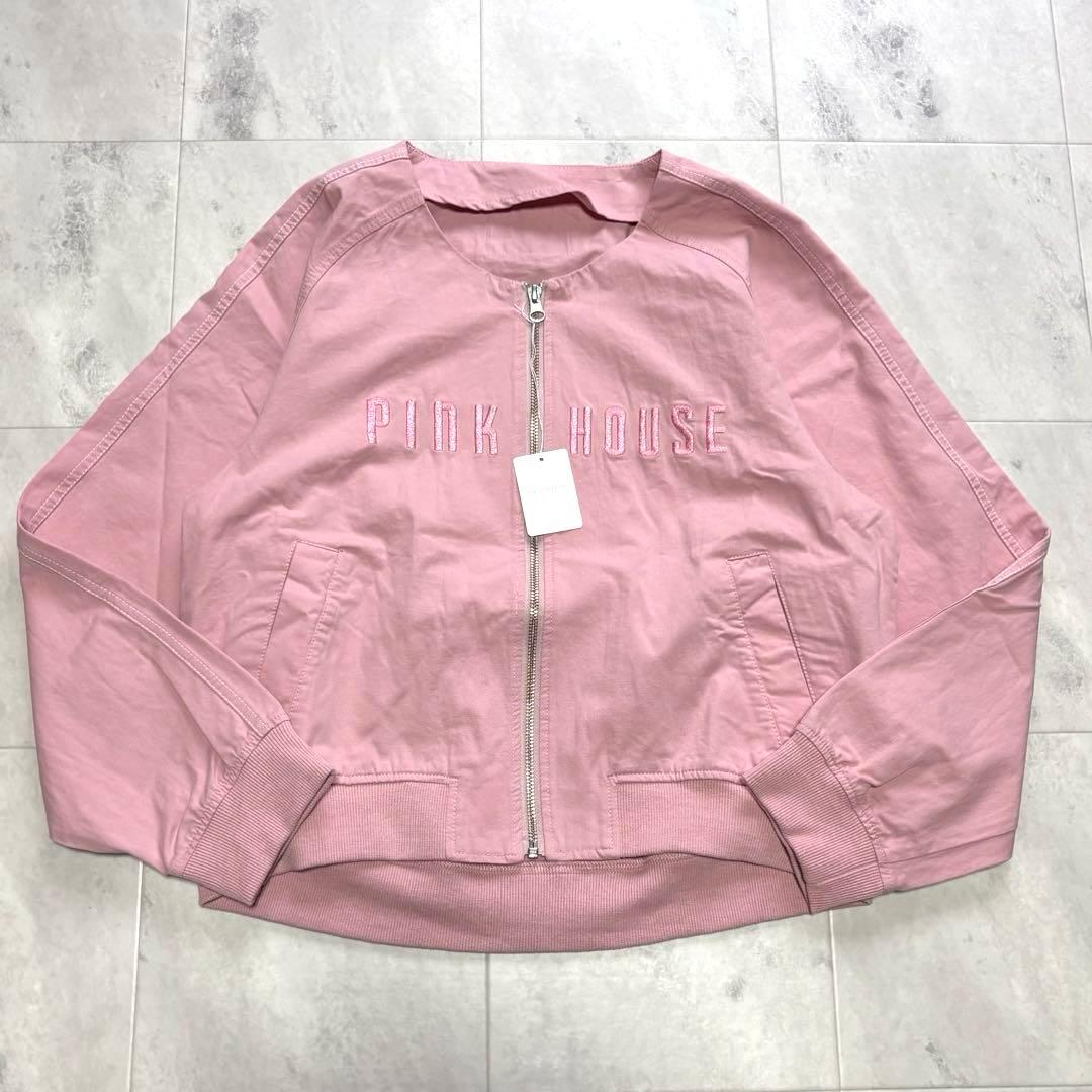 【未使用】ピンクハウス ノーカラージップアップジャケット 刺繍ロゴ L ピンク