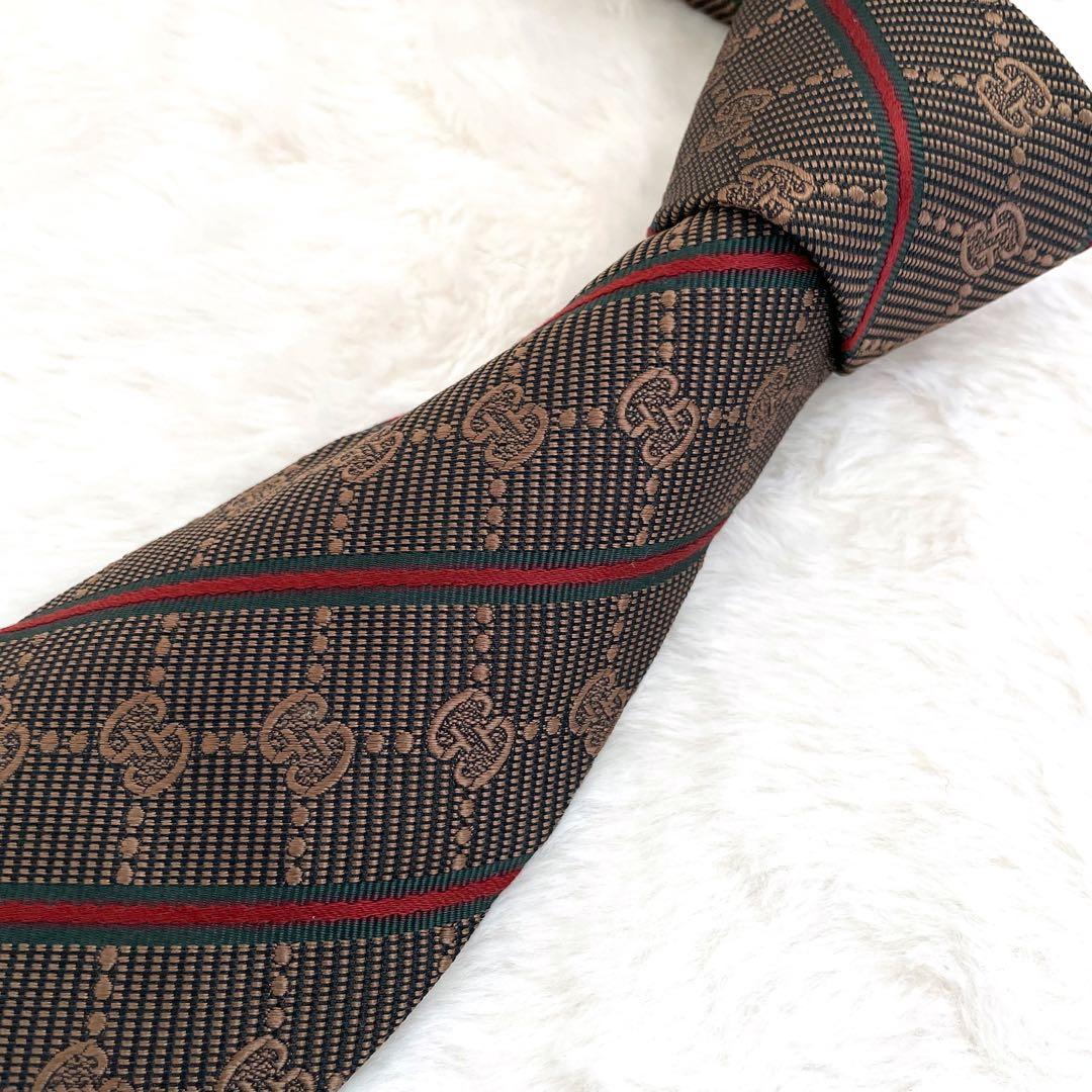 【未使用級】GUCCI 高級 シルク ネクタイ GG総柄 シェリーライン