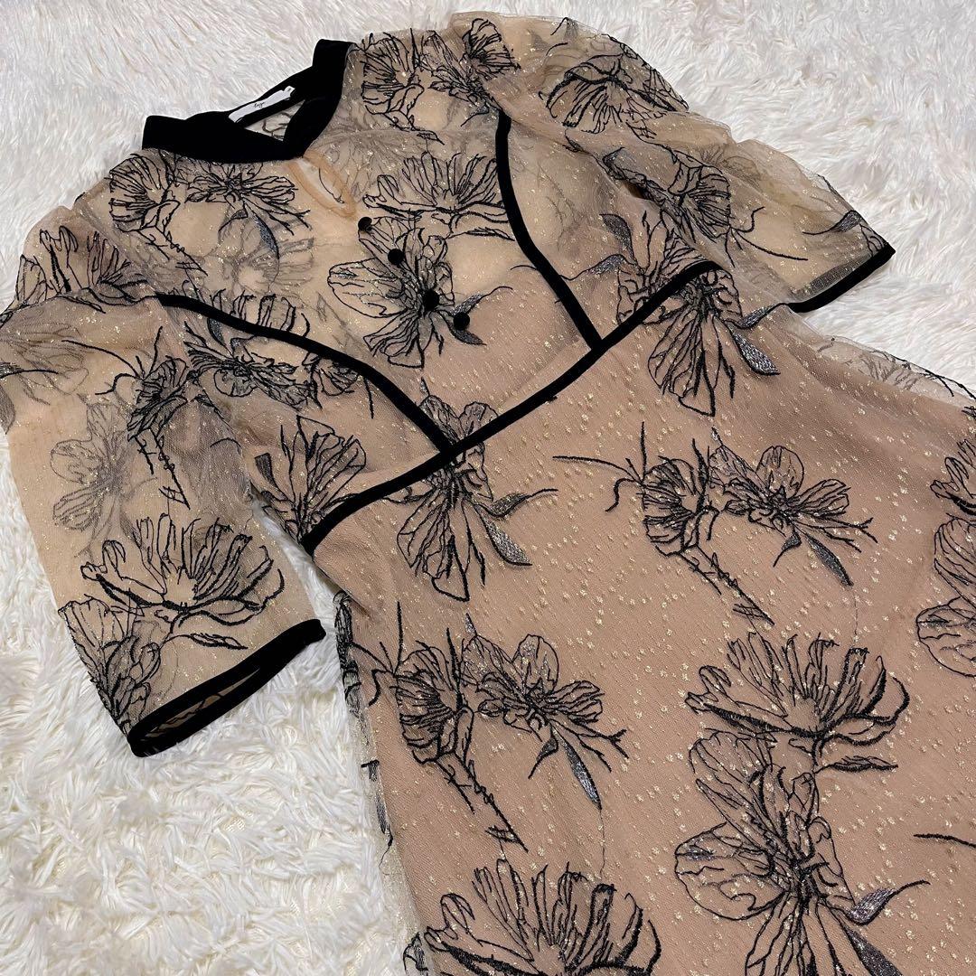 Leja 配色パイピング花柄刺繍ラメワンピースドレス ベージュ　S