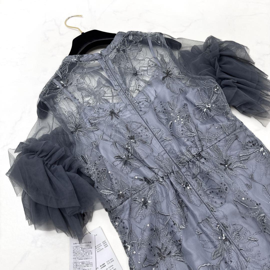 未使用 ANDRESD 袖シフォン スパンコール・刺繍 レースロングドレス M