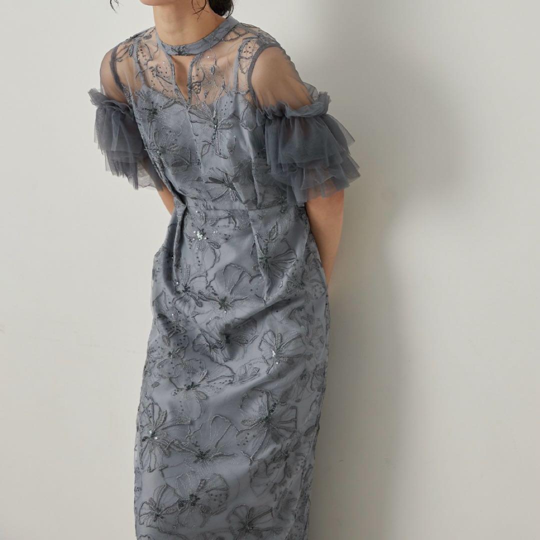 未使用 ANDRESD 袖シフォン スパンコール・刺繍 レースロングドレス M