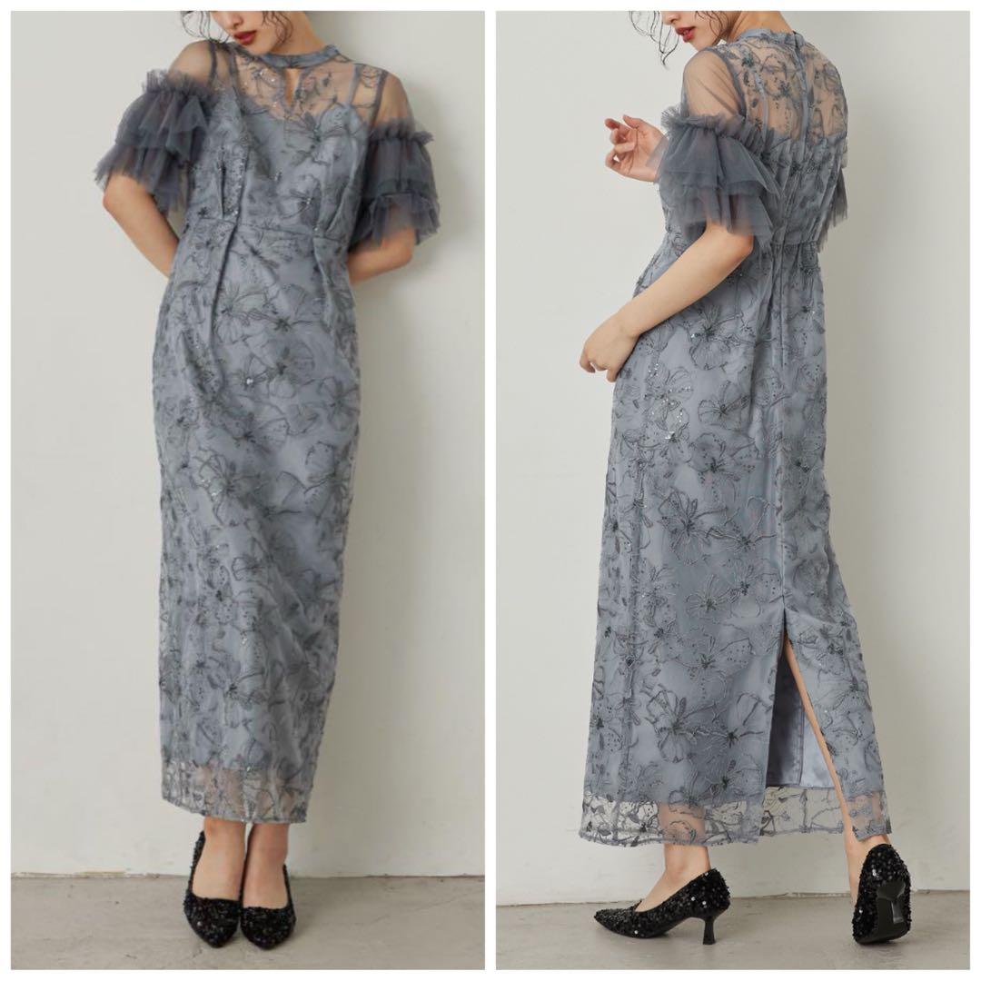 未使用 ANDRESD 袖シフォン スパンコール・刺繍 レースロングドレス M