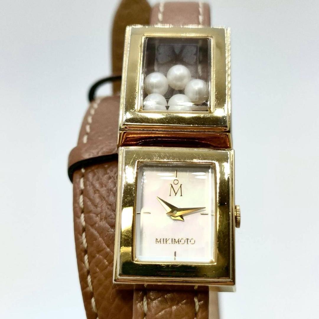 稼働品 MIKIMOTO 腕時計 パール スクエア チェンジベルト シェル文字盤