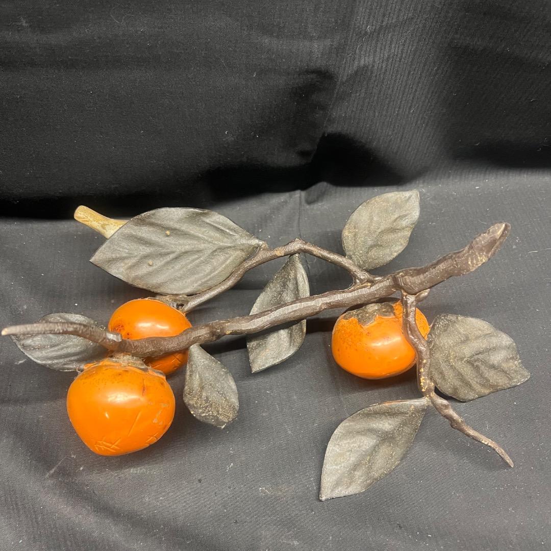 〇※前Gb1016 柿 鳥 置物 金属製