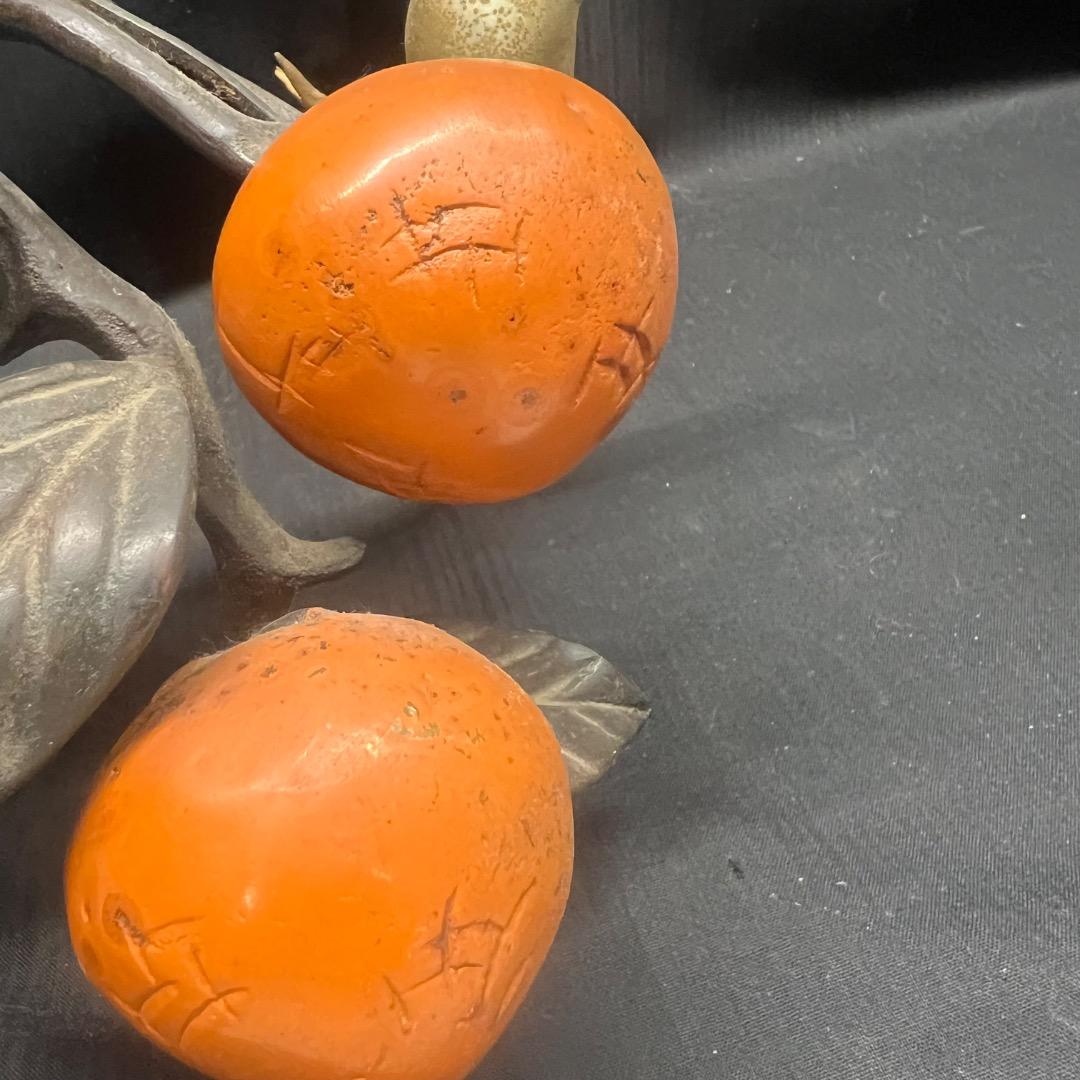 〇※前Gb1016 柿 鳥 置物 金属製