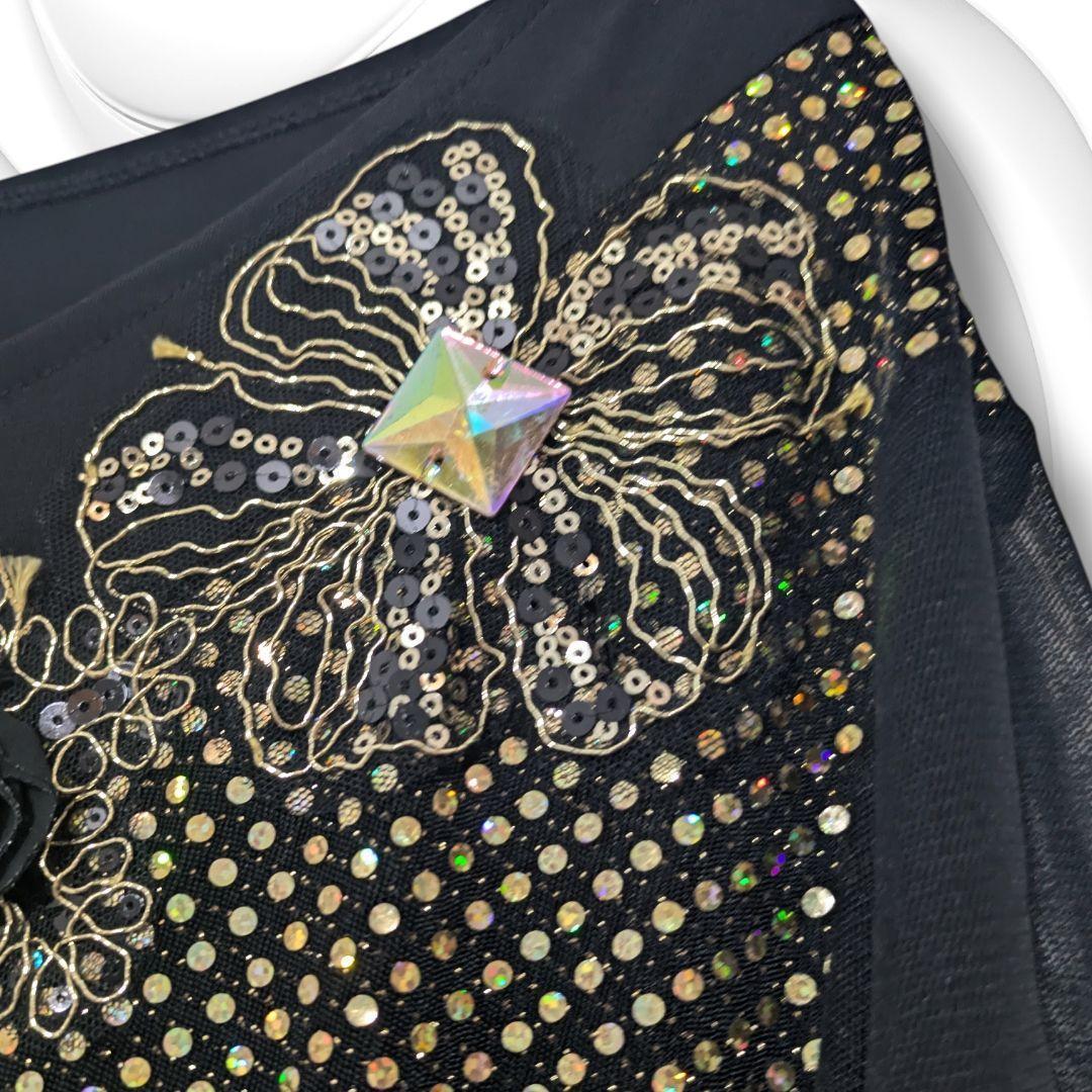 【美品】社交ダンス 衣装 ドレス ブラック ゴールド ラインストーン