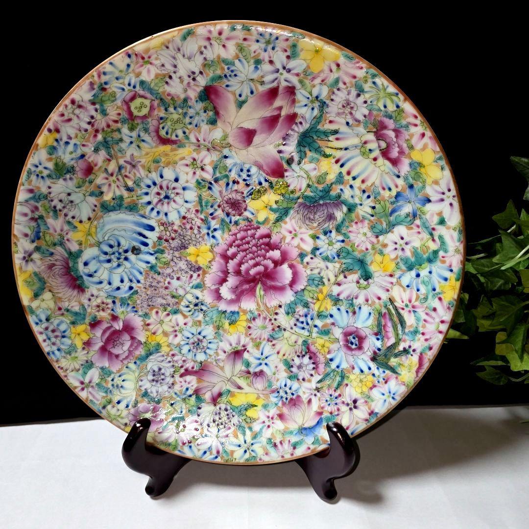 乾隆年製 中国美術 粉彩百花不落地/花詰 28cm 大皿 盛皿