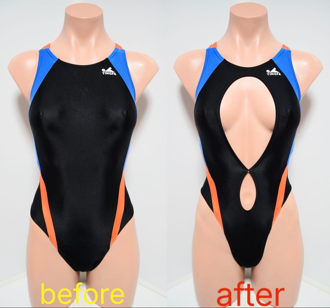 スポーツ用水着 Mサイズ 黒/青/オレンジ カットアウトデザイン