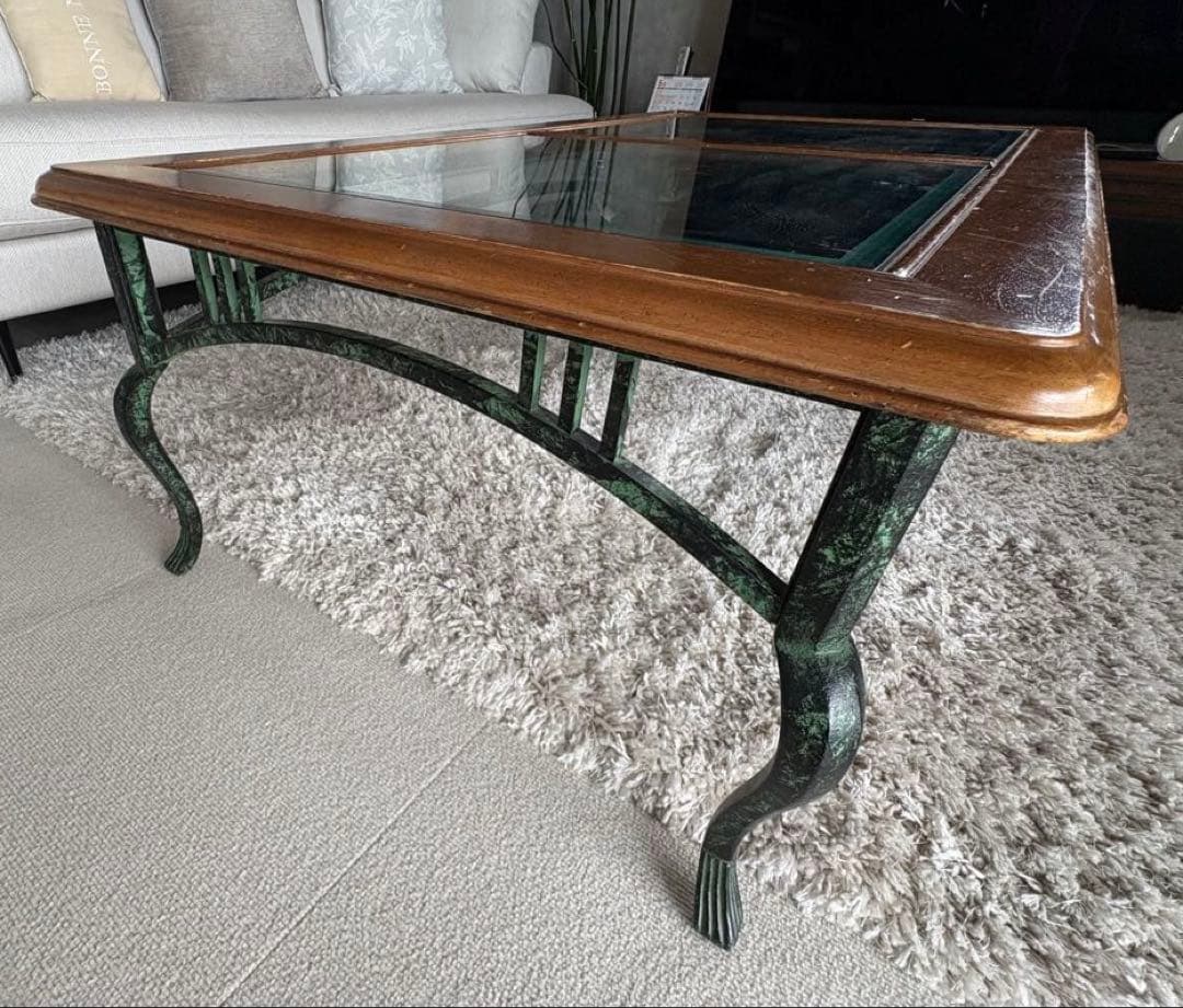 ガラス天板の長方形テーブル★アンティーク調★