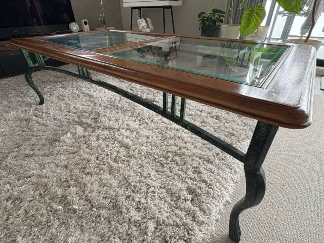 ガラス天板の長方形テーブル★アンティーク調★