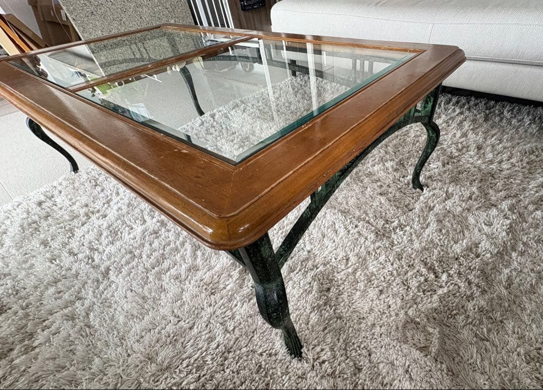 ガラス天板の長方形テーブル★アンティーク調★