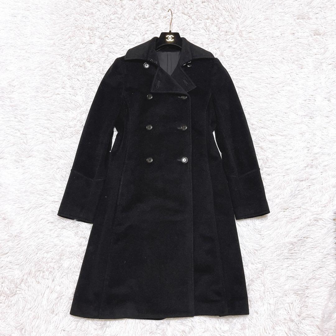 美品 Theory カシミヤ アンゴラ ロング コート ダブル ボタン 襟 黒