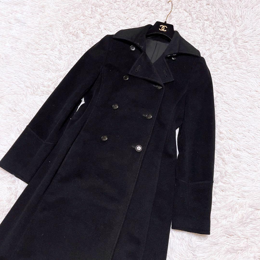美品 Theory カシミヤ アンゴラ ロング コート ダブル ボタン 襟 黒
