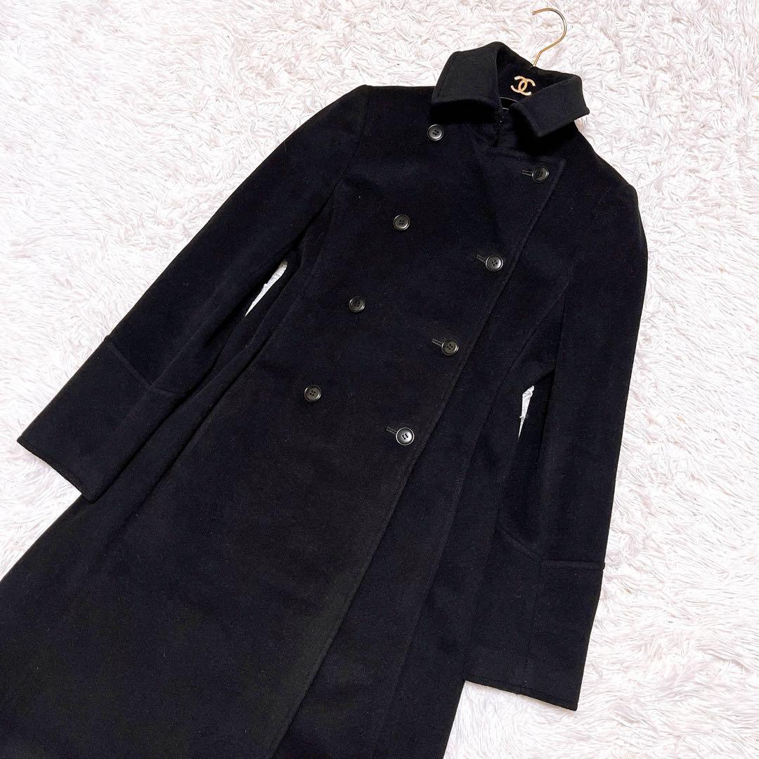 美品 Theory カシミヤ アンゴラ ロング コート ダブル ボタン 襟 黒