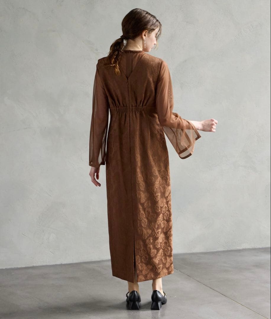 AIMER/ブラウン/S/チュールブラウス付きジャカードIラインパーティードレス