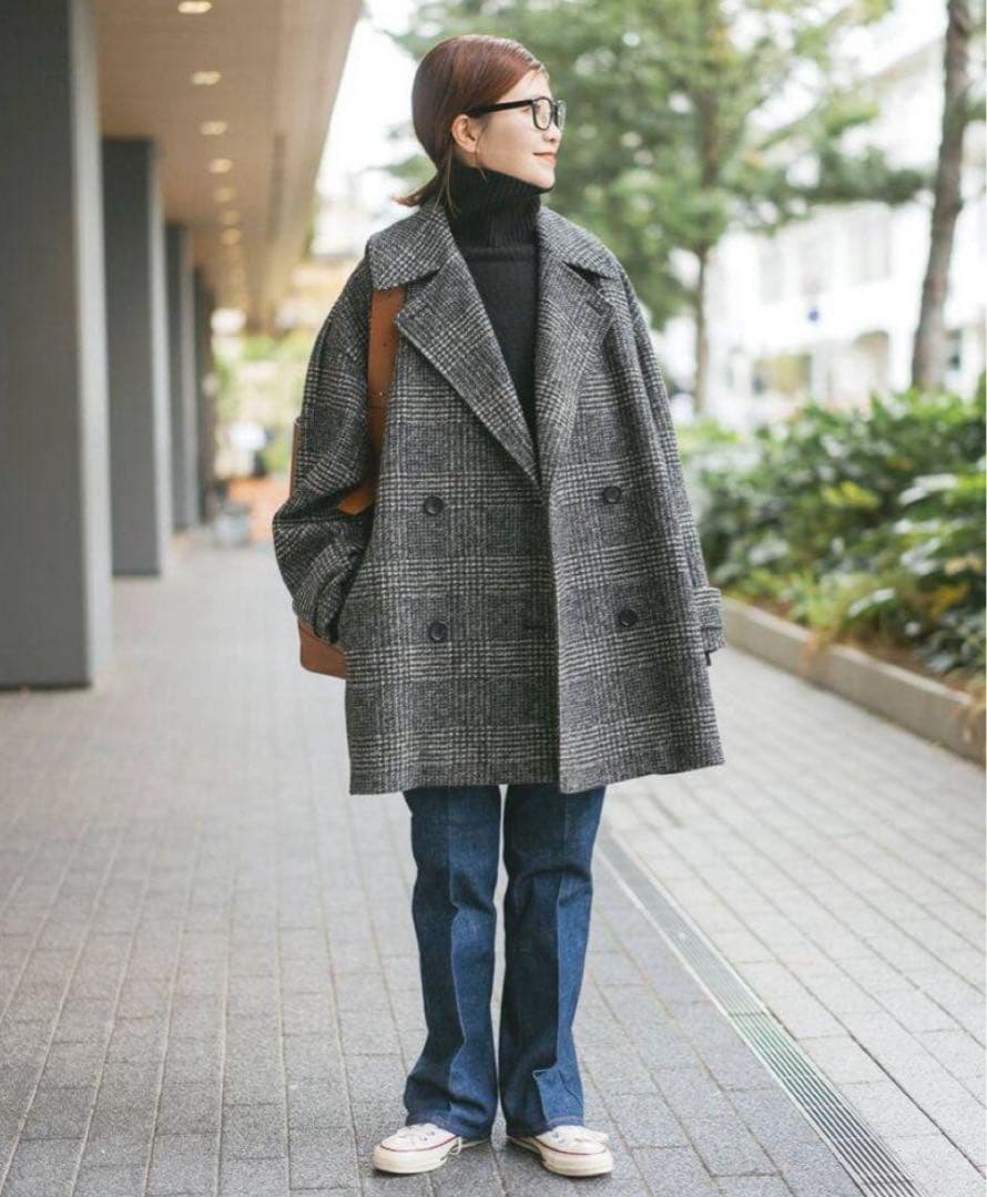 Spick & Span Wスライバーチェックハーフコート　グレー/36