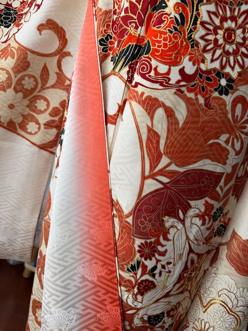 振袖フルセット アイボリーホワイト×オレンジ×ゴールド 金駒刺繍