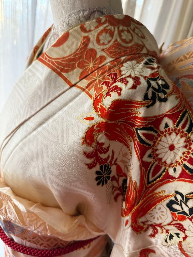振袖フルセット アイボリーホワイト×オレンジ×ゴールド 金駒刺繍