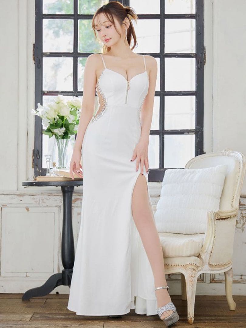 サイドシアービジューロングドレス　キャバドレス