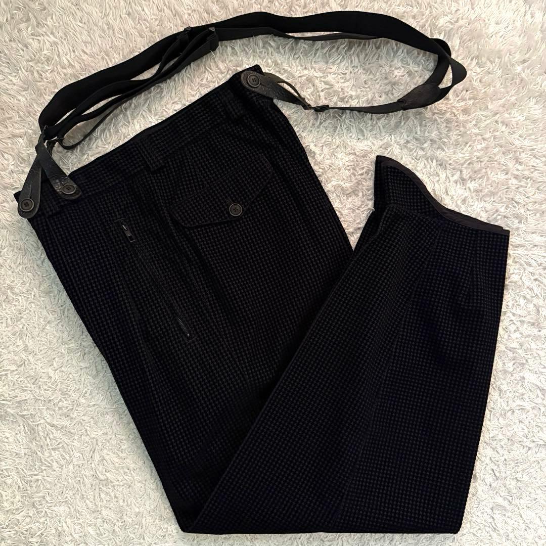 ★千鳥格子★ ジョルジオ アルマーニ ベロア パンツ 本革タグ 永久クリース 黒