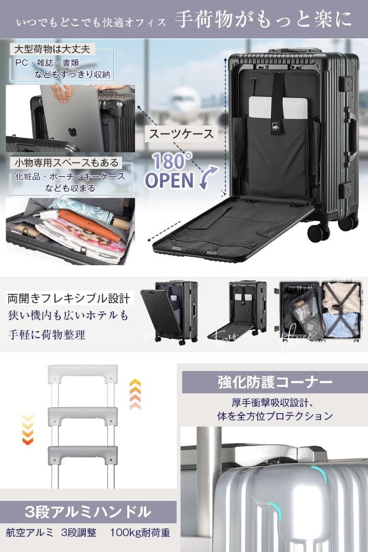 スーツケース Mサイズ キャリーケース USB TSAロック フロントオープン