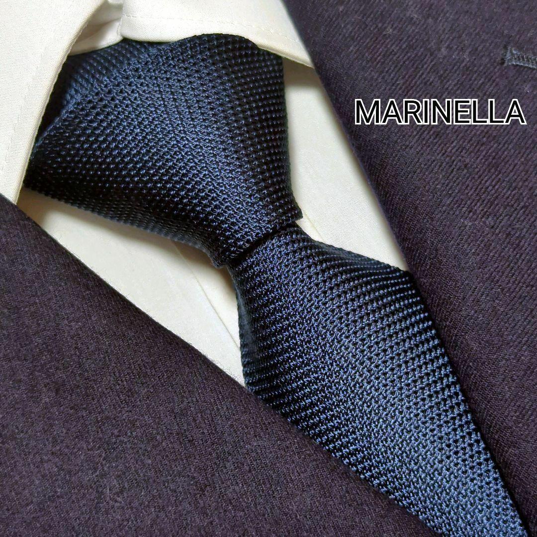 美品 マリネッラ ネクタイ ソリッド 無地 ハイブランド 高級シルク 光沢感 紺