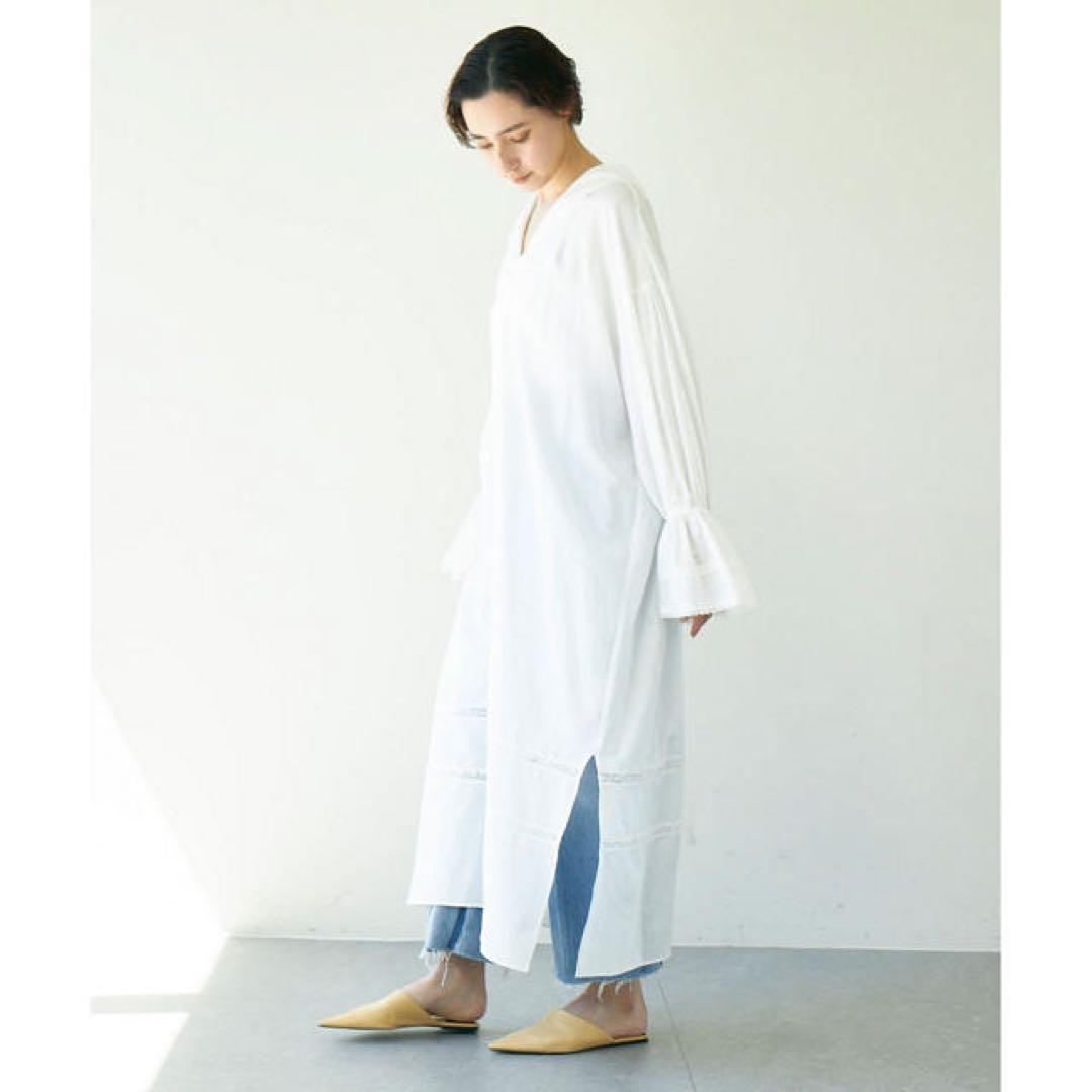 フリルカラーカフタン　コットンレースワンピース