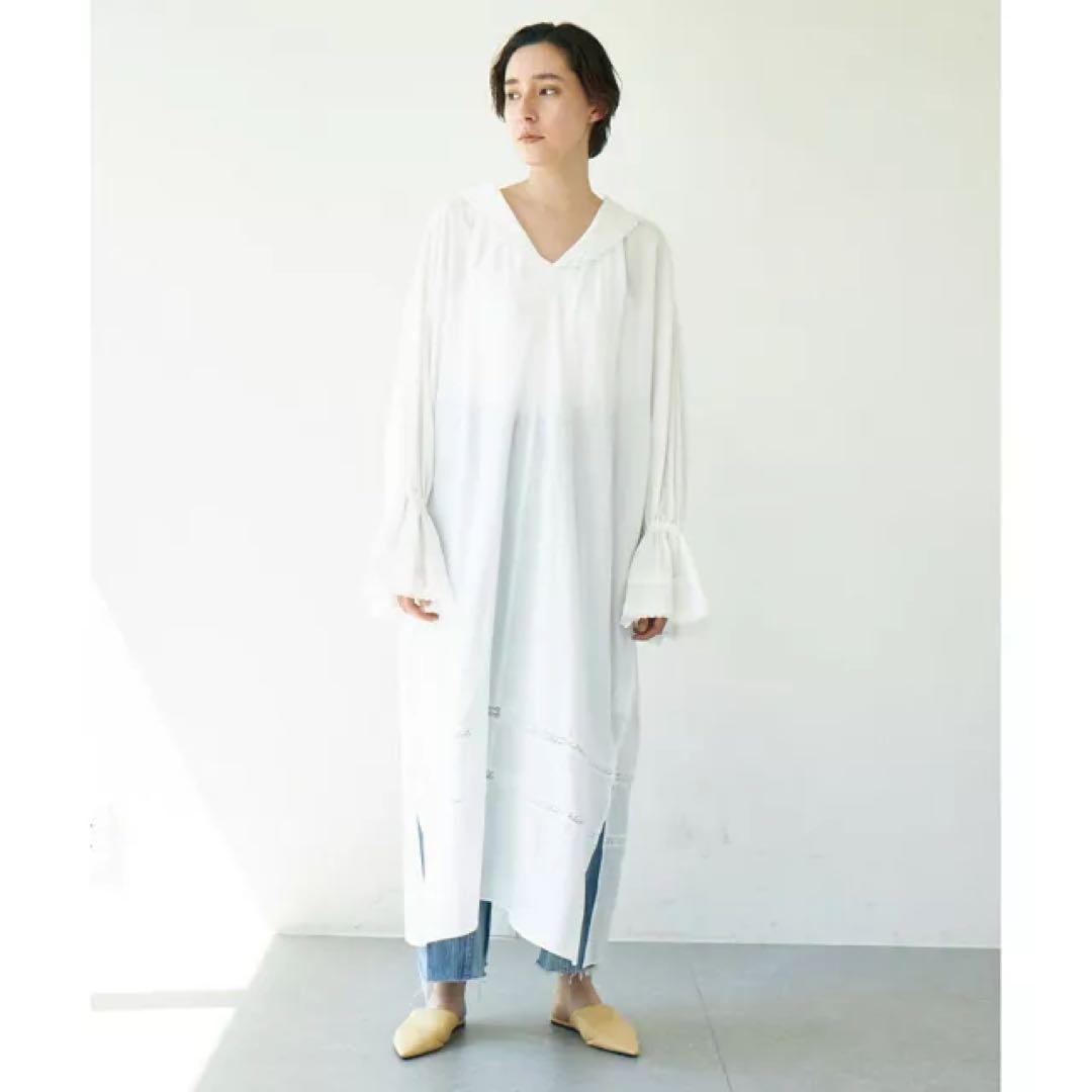 フリルカラーカフタン　コットンレースワンピース