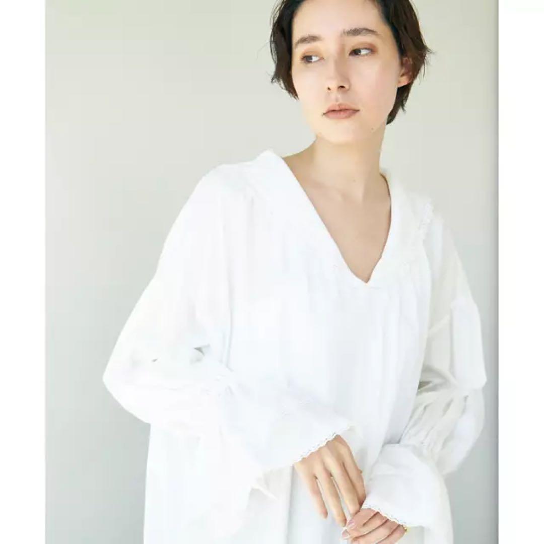 フリルカラーカフタン　コットンレースワンピース