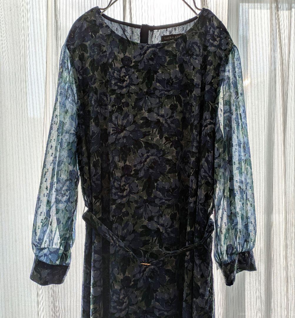 美品 ローラアシュレイ 花柄 ワンピース ケラウェイ柄 青 ブルー 匿名