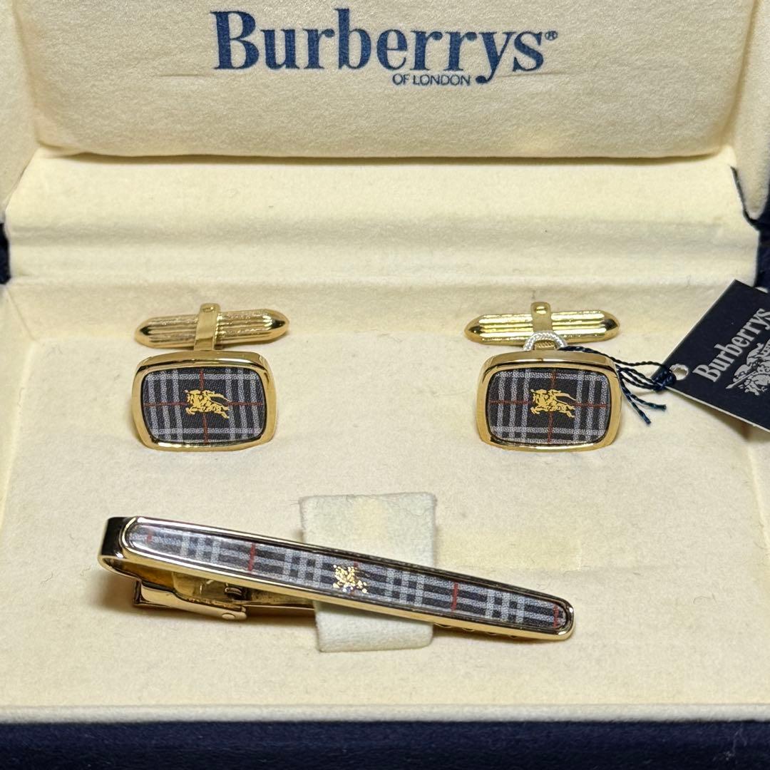 タグ付き未使用 バーバリー ネクタイピン カフス 3点セット ケース付 チェック