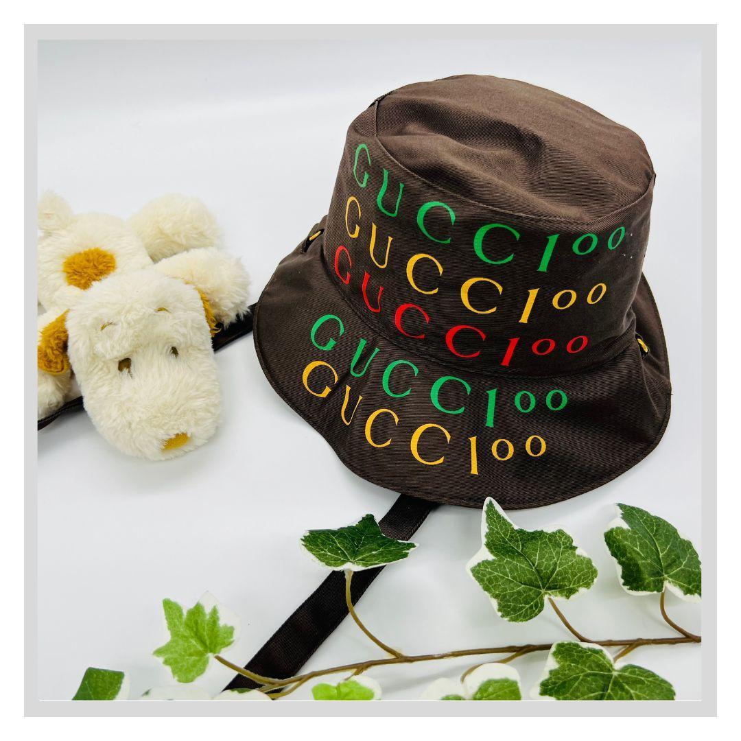 グッチ 679993 ロゴ　100周年記念 バケットハット ブラウン コットン