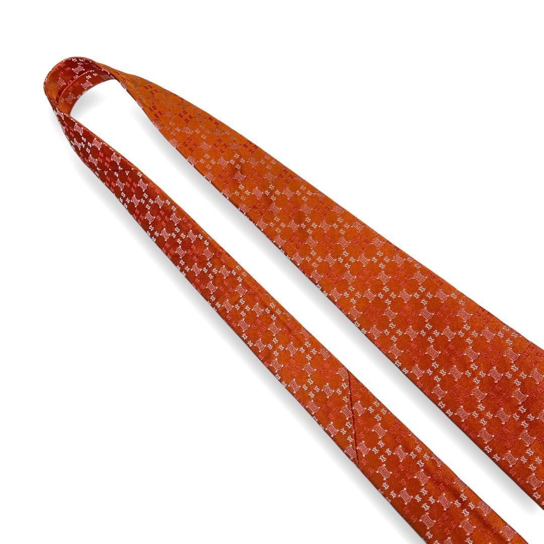 【ほぼ未使用】　セリーヌ　ブランド　ネクタイ　ロゴ　マカダム柄　オレンジ　光沢