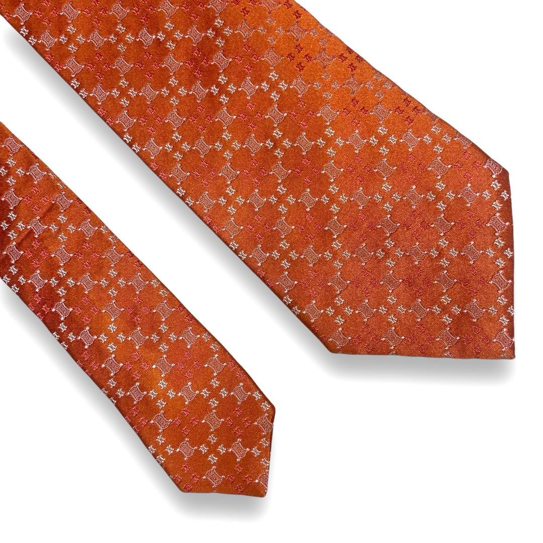 【ほぼ未使用】　セリーヌ　ブランド　ネクタイ　ロゴ　マカダム柄　オレンジ　光沢