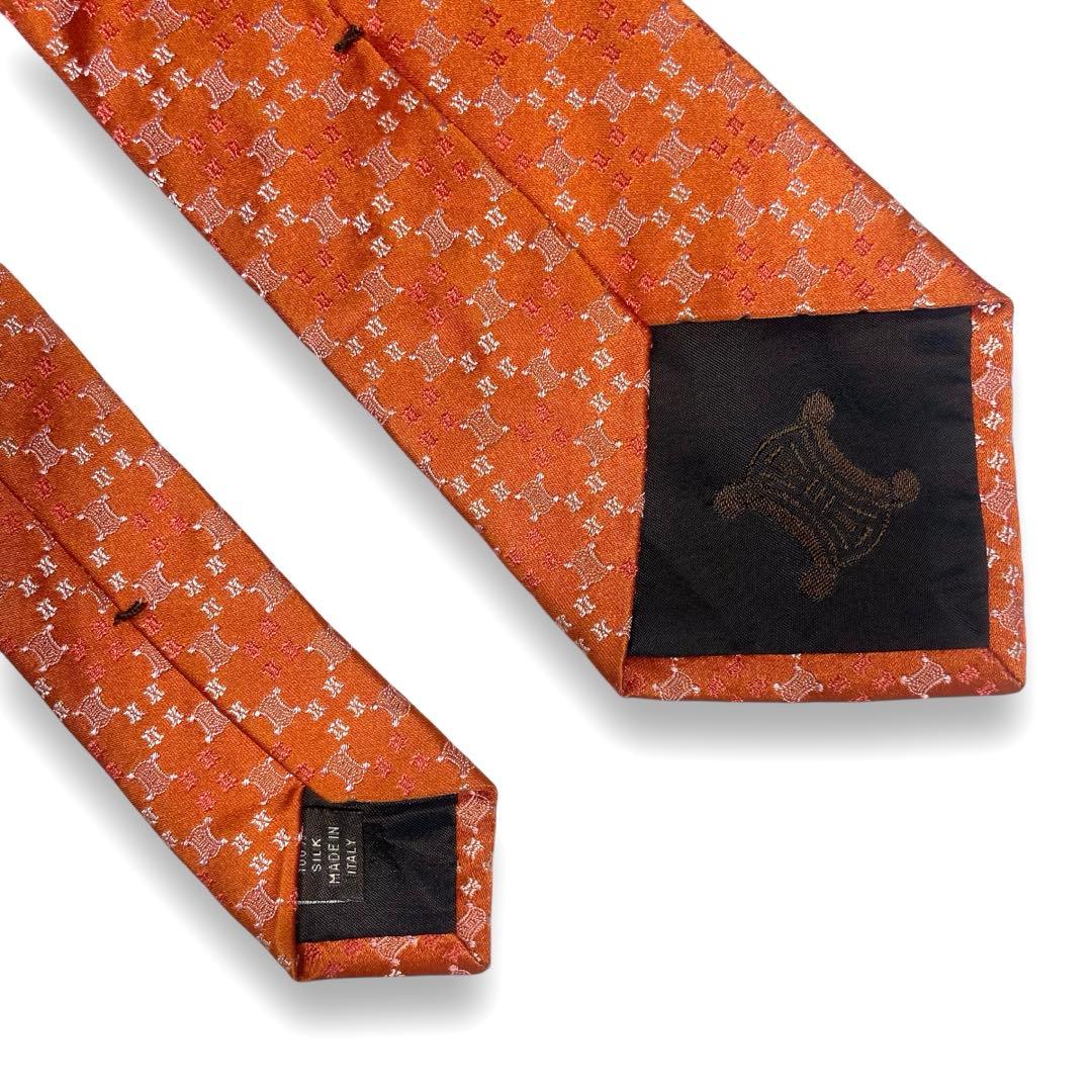 【ほぼ未使用】　セリーヌ　ブランド　ネクタイ　ロゴ　マカダム柄　オレンジ　光沢