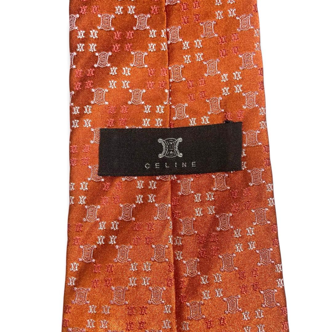 【ほぼ未使用】　セリーヌ　ブランド　ネクタイ　ロゴ　マカダム柄　オレンジ　光沢