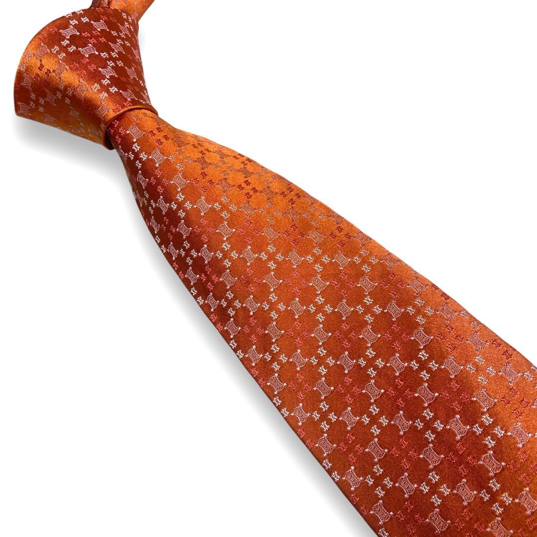 【ほぼ未使用】　セリーヌ　ブランド　ネクタイ　ロゴ　マカダム柄　オレンジ　光沢