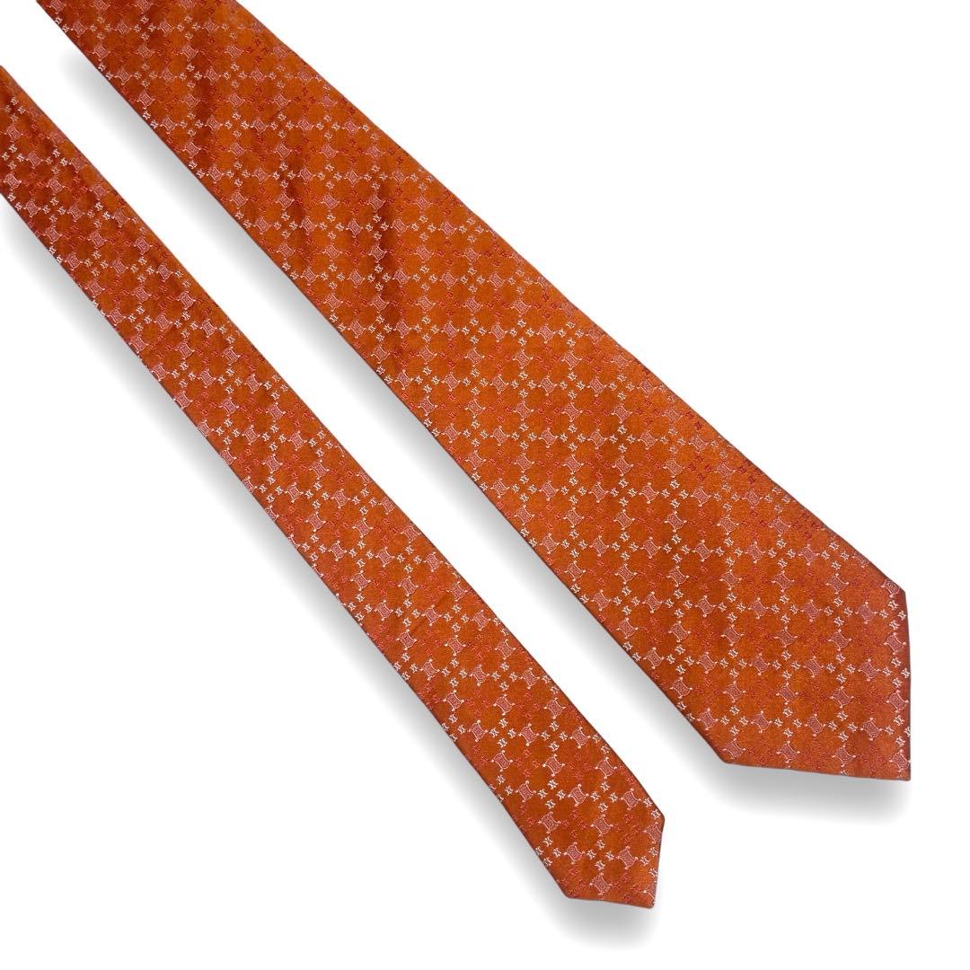 【ほぼ未使用】　セリーヌ　ブランド　ネクタイ　ロゴ　マカダム柄　オレンジ　光沢