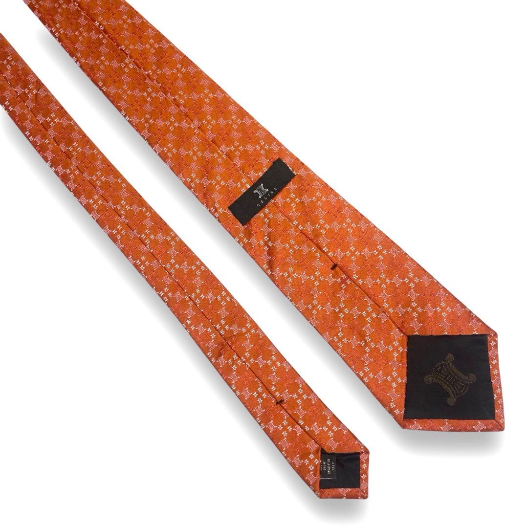 【ほぼ未使用】　セリーヌ　ブランド　ネクタイ　ロゴ　マカダム柄　オレンジ　光沢
