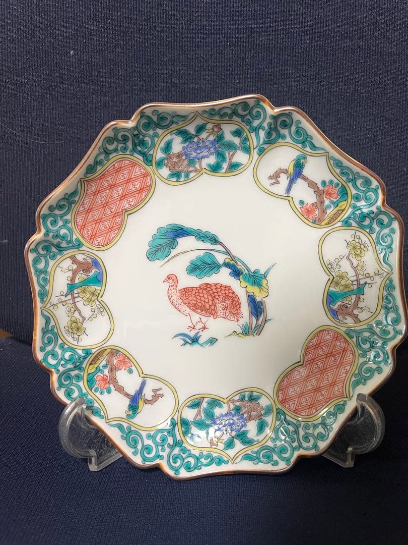 九谷焼　秋月　窓絵花鳥図　中皿　5枚セット