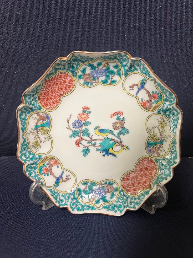 九谷焼　秋月　窓絵花鳥図　中皿　5枚セット